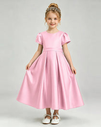 Pink Flower Girl Dress Puff Sleeve Satin Bow A-Line Midi Gown Front View