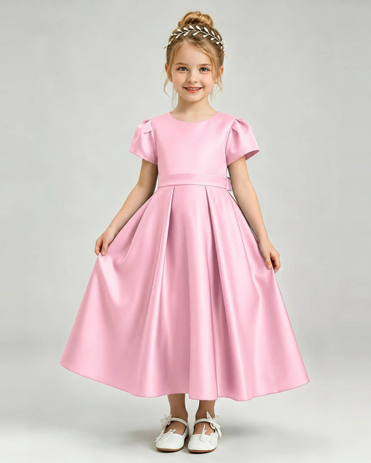 Pink Satin A-line Flower Girl Dress Front View