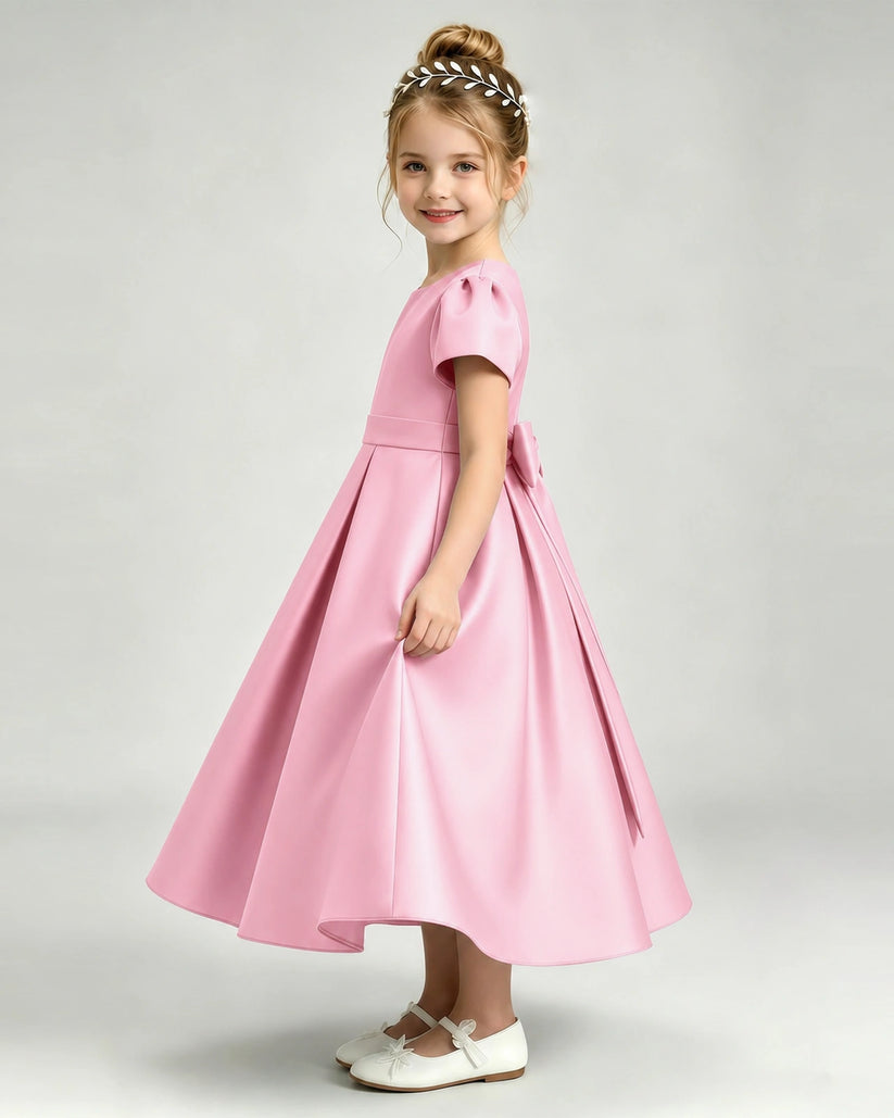 Pink Satin A-line Flower Girl Dress Side View
