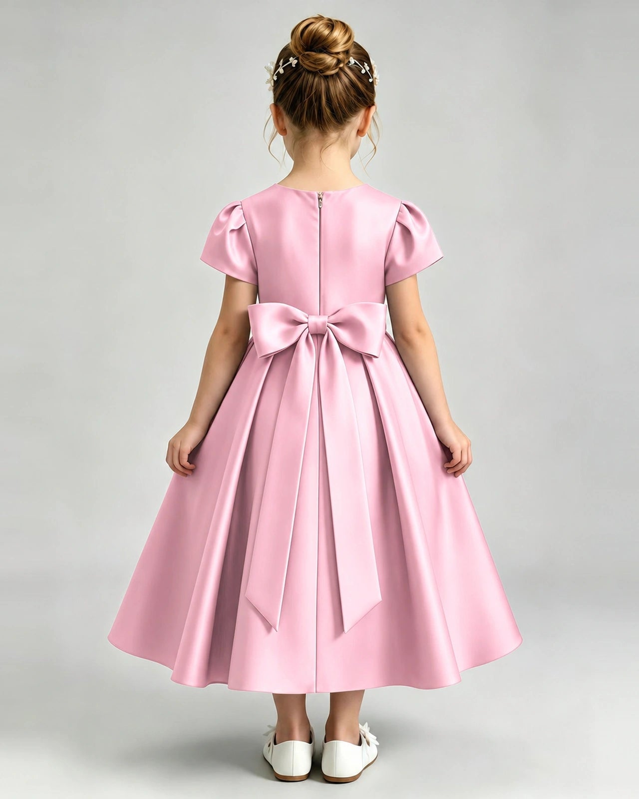Pink Flower Girl Dress Puff Sleeve Satin Bow A-Line Midi Gown Back View