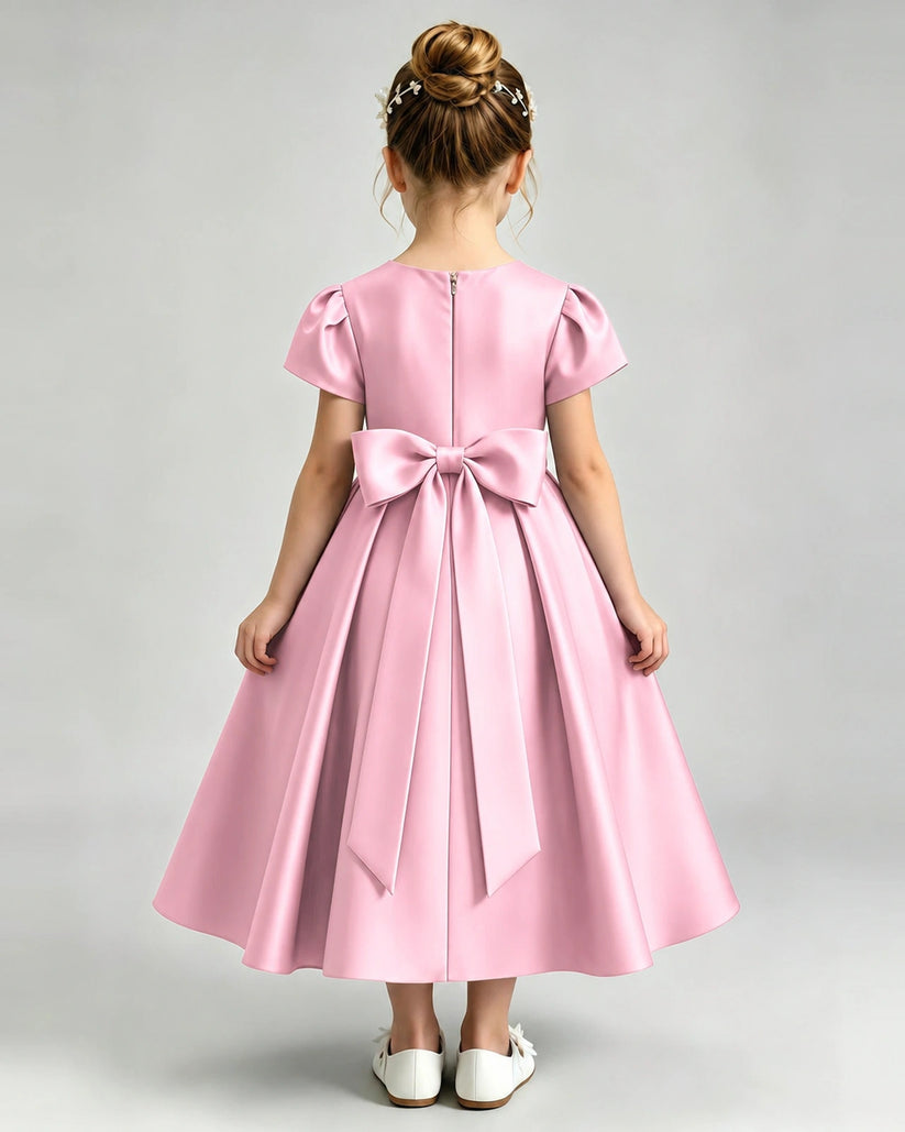 Pink Satin A-line Flower Girl Dress Back View