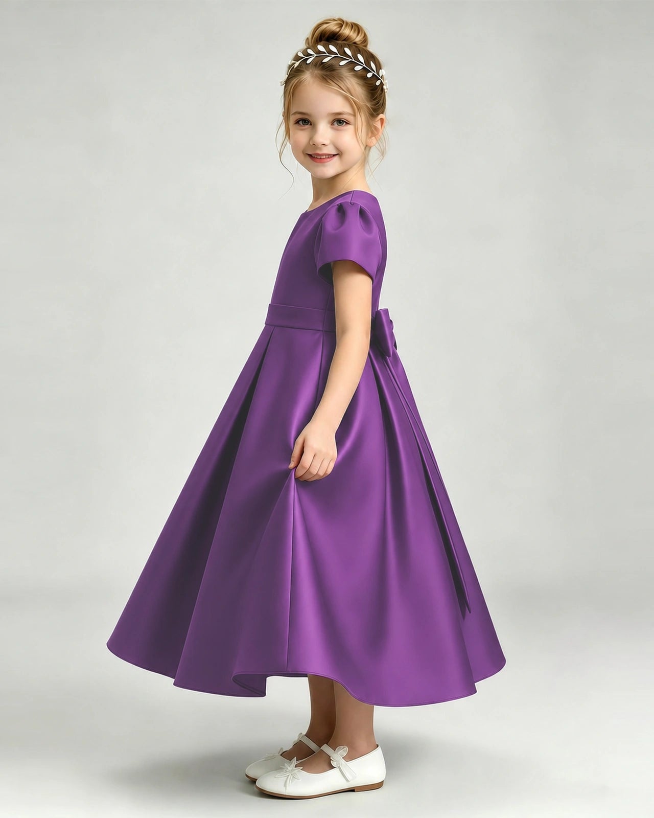 Purple Flower Girl Dress Puff Sleeve Satin Bow A-Line Midi Gown Side View