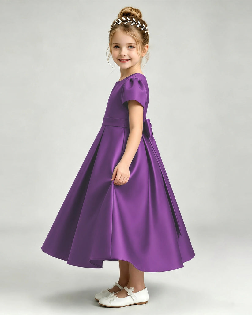 Purple Satin A-line Flower Girl Dress Side View