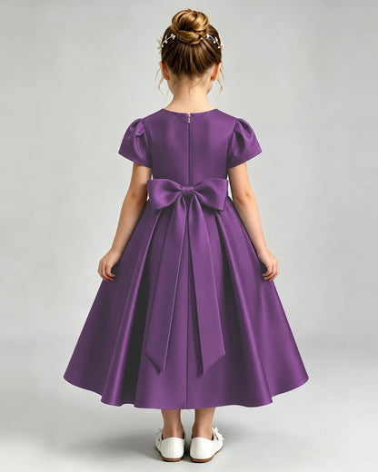 Purple Flower Girl Dress Puff Sleeve Satin Bow A-Line Midi Gown Back View