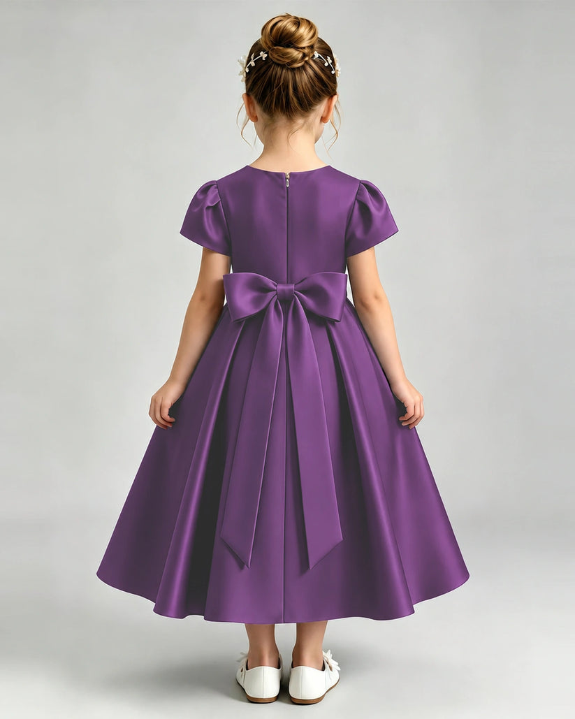Purple Satin A-line Flower Girl Dress Back View