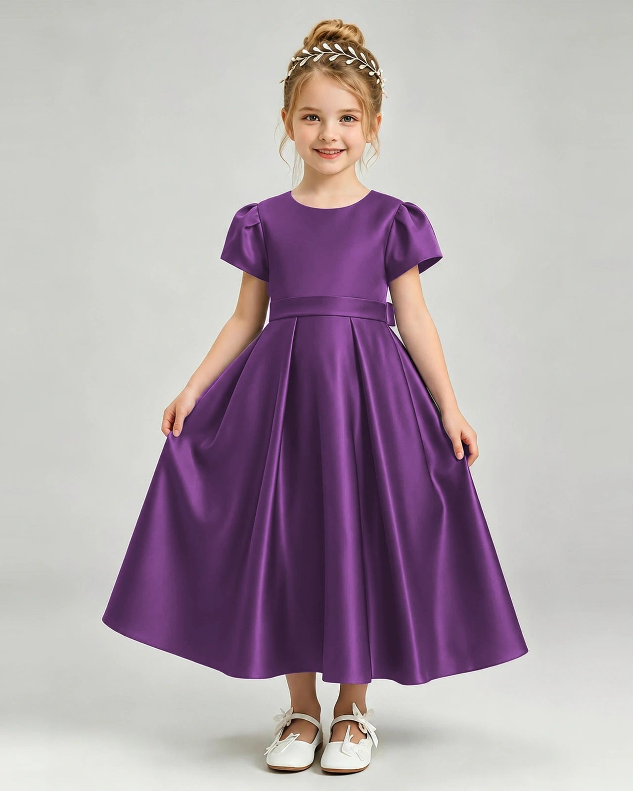 Purple Flower Girl Dress Puff Sleeve Satin Bow A-Line Midi Gown Front View