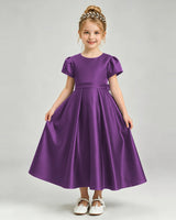 Purple Satin A-line Flower Girl Dress Front View