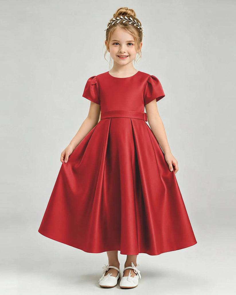 Red Satin A-line Flower Girl Dress Front View