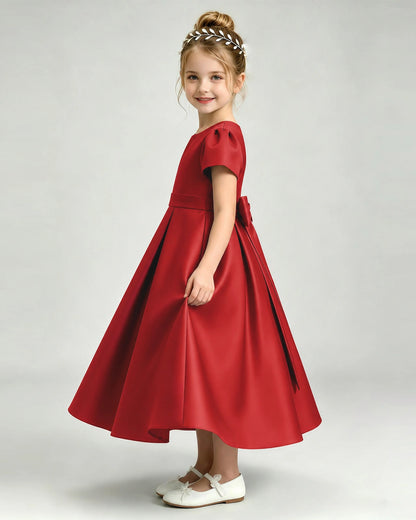 Red Flower Girl Dress Puff Sleeve Satin Bow A-Line Midi Gown Side View