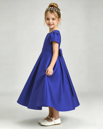 Royal Blue Flower Girl Dress Puff Sleeve Satin Bow A-Line Midi Gown Side View