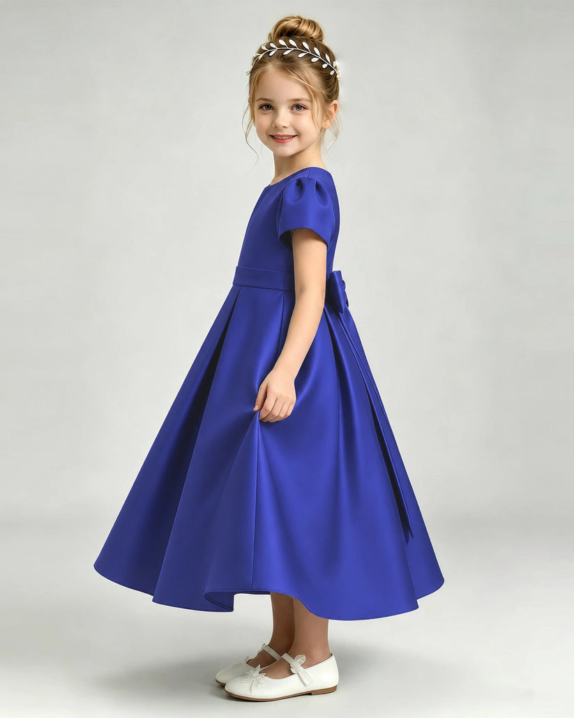 Royal Blue Satin A-line Flower Girl Dress Side View