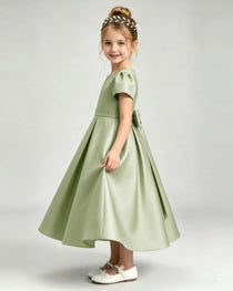 Sage Green Flower Girl Dress Puff Sleeve Satin Bow A-Line Midi Gown Side View