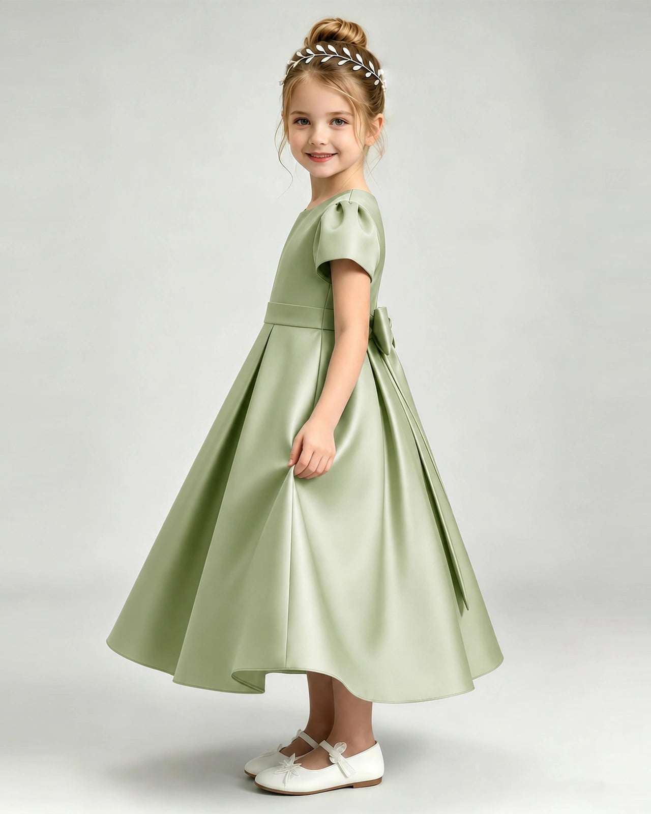 Sage Green Flower Girl Dress Puff Sleeve Satin Bow A-Line Midi Gown Side View