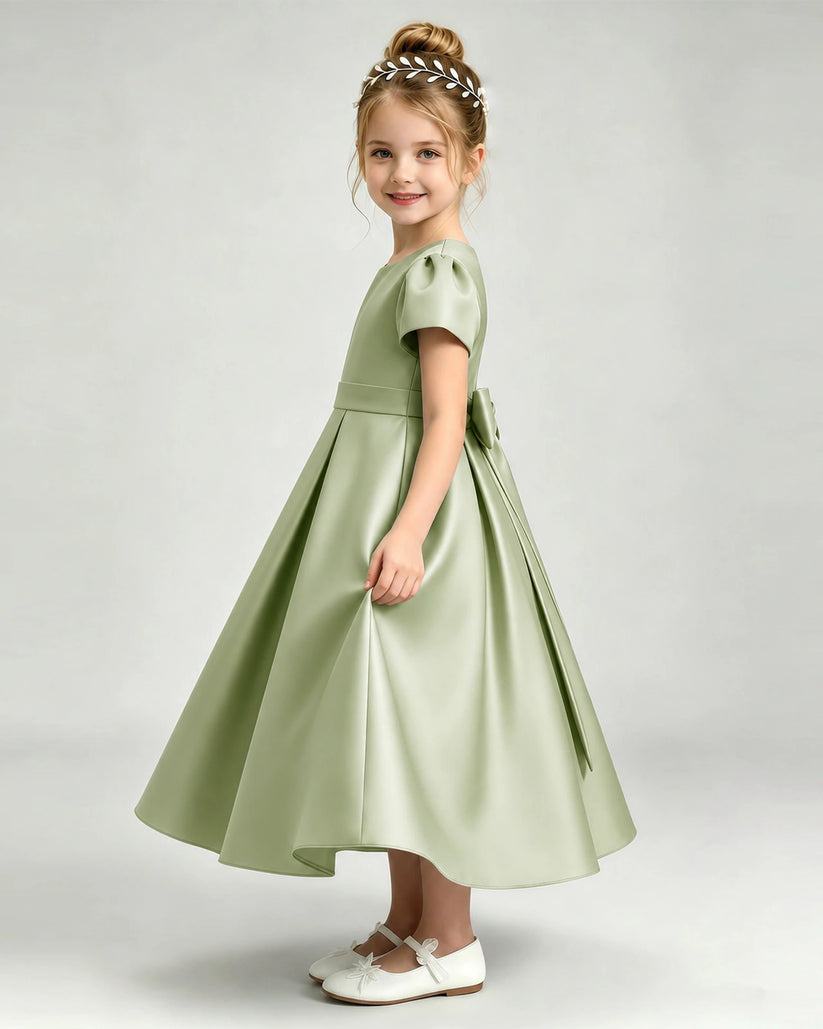 Sage Green Satin A-line Flower Girl Dress Side View