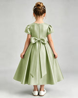 Sage Green Satin A-line Flower Girl Dress Back View