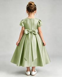 Sage Green Flower Girl Dress Puff Sleeve Satin Bow A-Line Midi Gown Back View