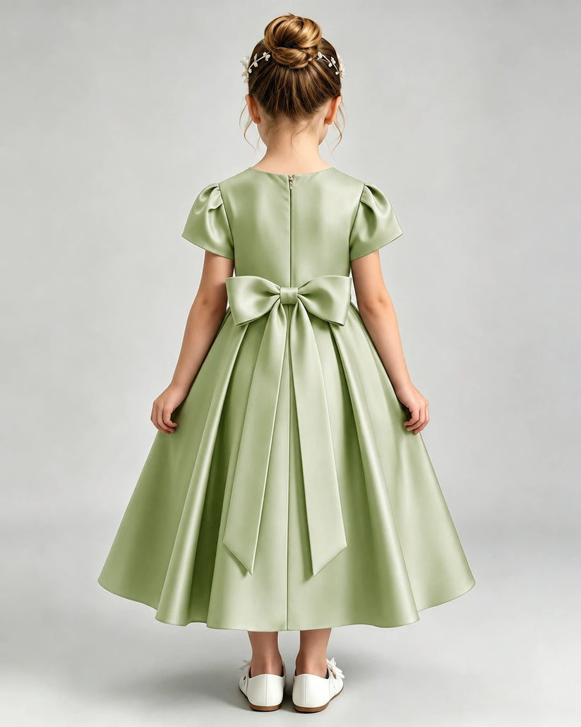 Sage Green Satin A-line Flower Girl Dress Back View