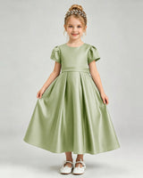 Sage Green Satin A-line Flower Girl Dress Front View