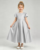 Silver Satin A-line Flower Girl Dress Front View