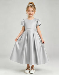 Silver Flower Girl Dress Puff Sleeve Satin Bow A-Line Midi Gown Front View
