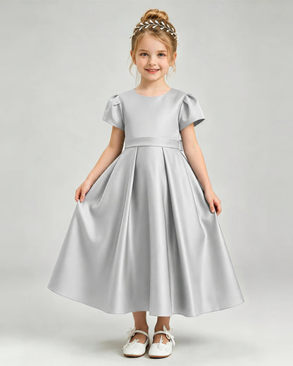 Silver Flower Girl Dress Puff Sleeve Satin Bow A-Line Midi Gown Front View