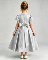 Silver Satin A-line Flower Girl Dress Back View