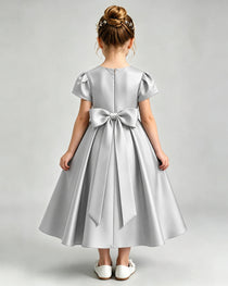 Silver Flower Girl Dress Puff Sleeve Satin Bow A-Line Midi Gown Back View
