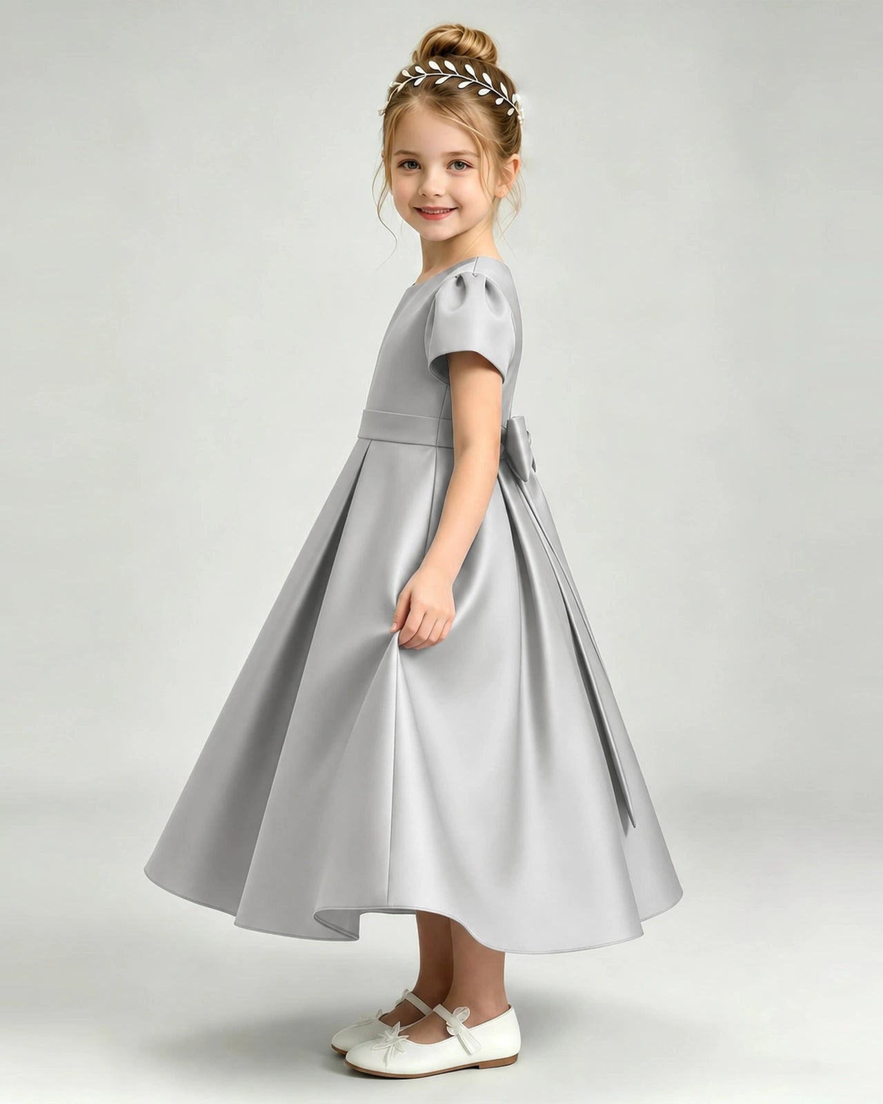 Silver Flower Girl Dress Puff Sleeve Satin Bow A-Line Midi Gown Side View