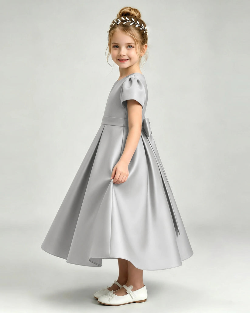 Silver Satin A-line Flower Girl Dress Side View