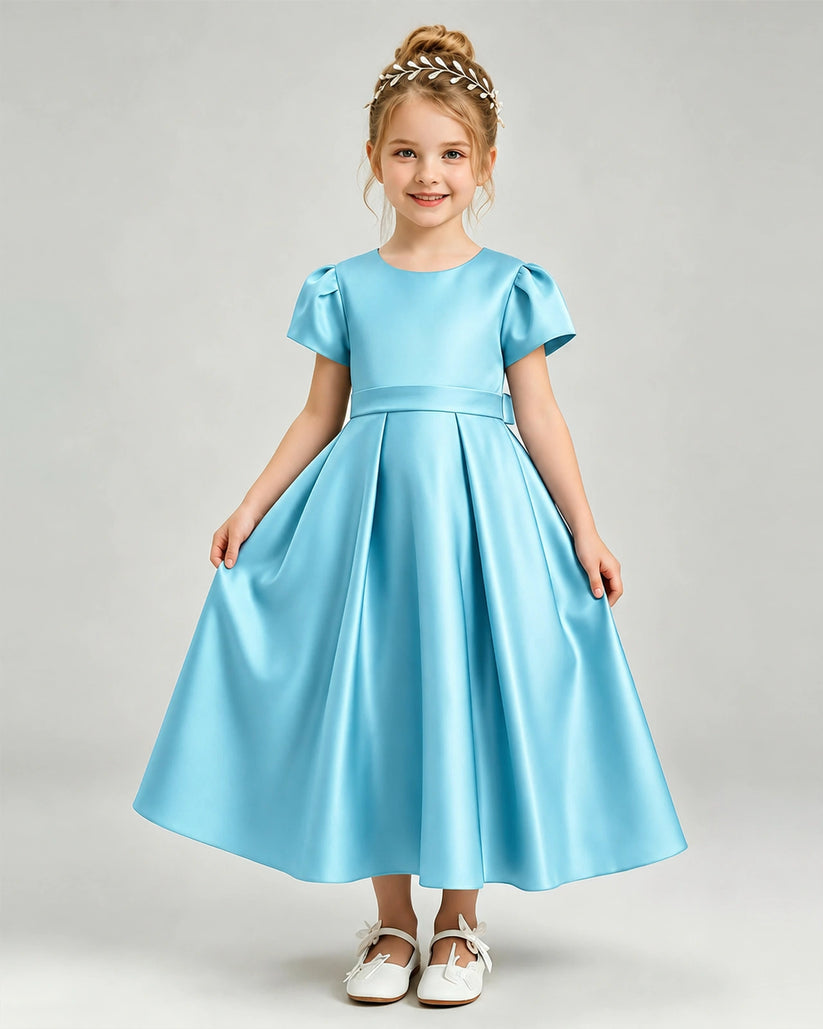 Sky Blue Satin A-line Flower Girl Dress Front View