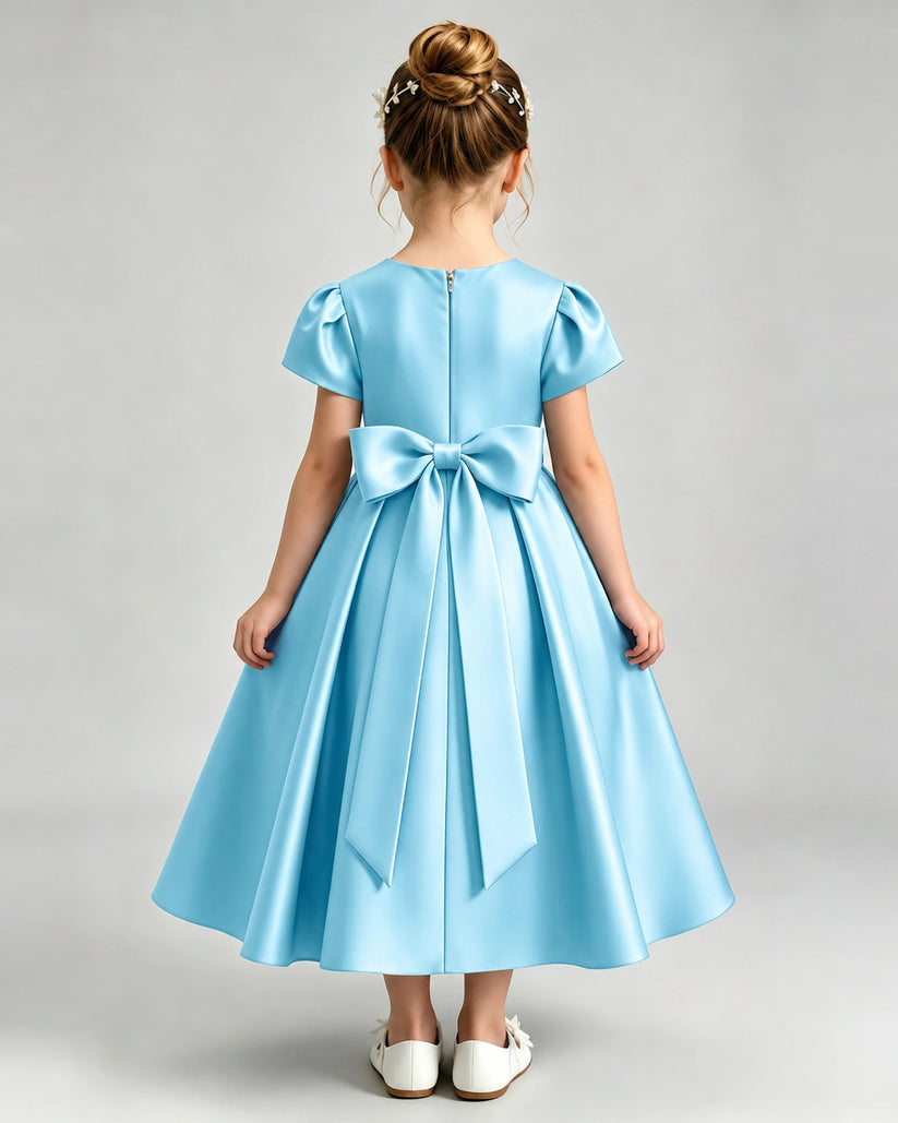 Sky Blue Satin A-line Flower Girl Dress Back View