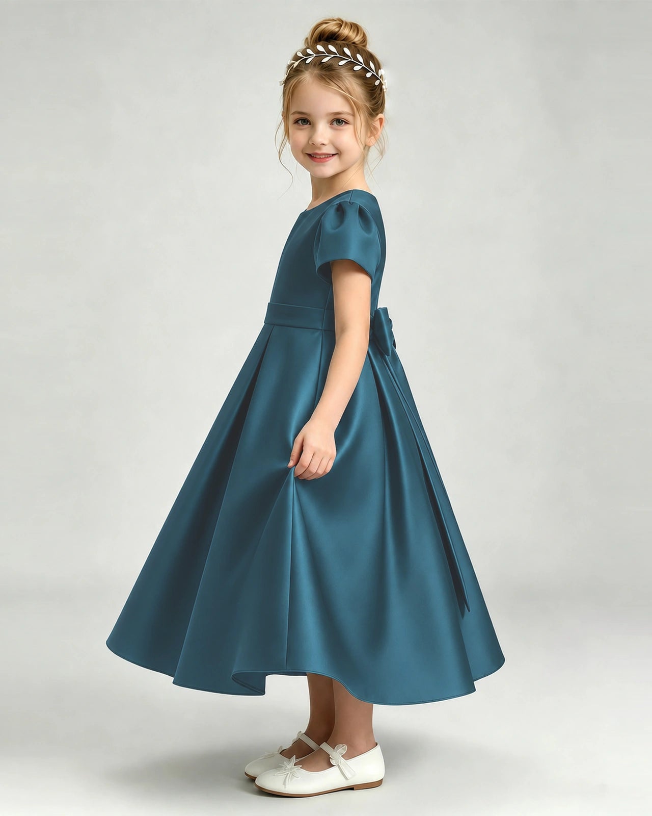 Teal Flower Girl Dress Puff Sleeve Satin Bow A-Line Midi Gown Side View