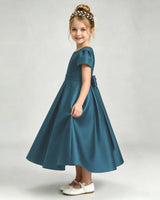 Teal Satin A-line Flower Girl Dress Side View