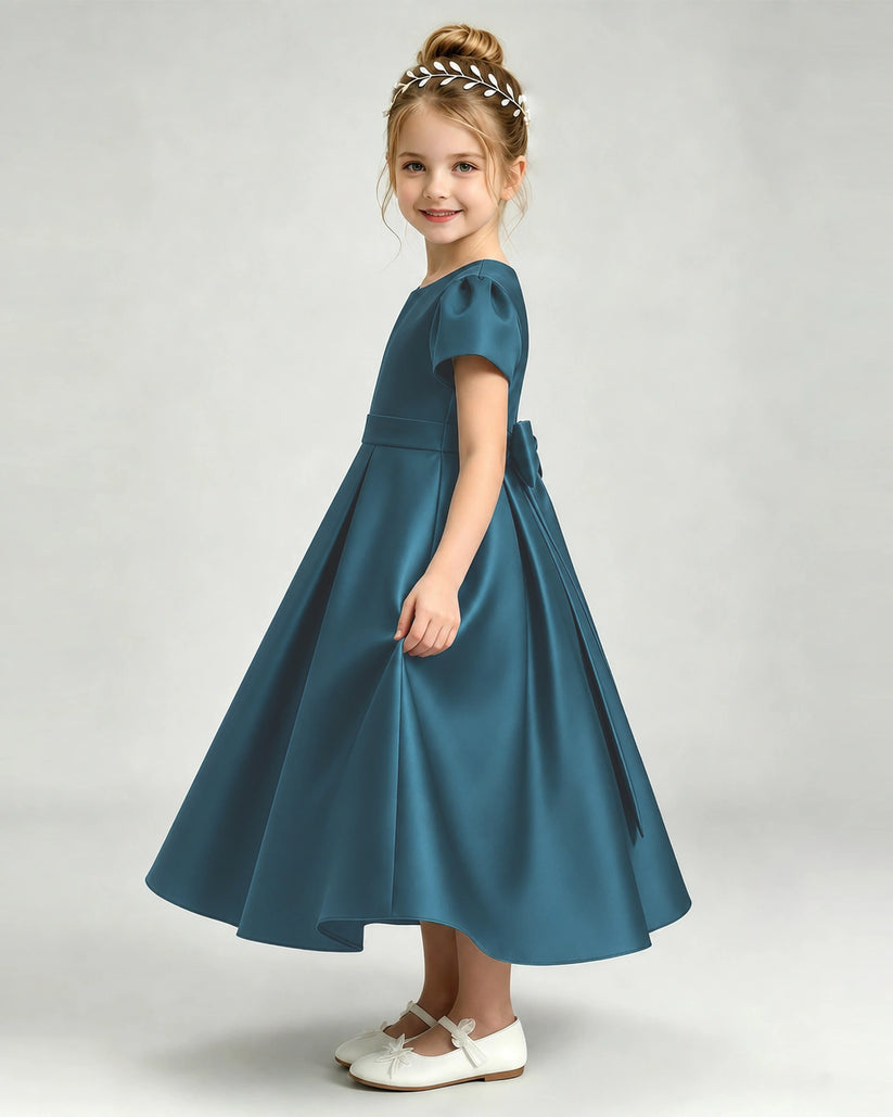 Teal Satin A-line Flower Girl Dress Side View