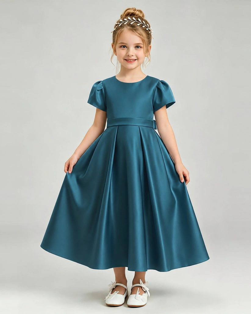 Teal Satin A-line Flower Girl Dress Front View
