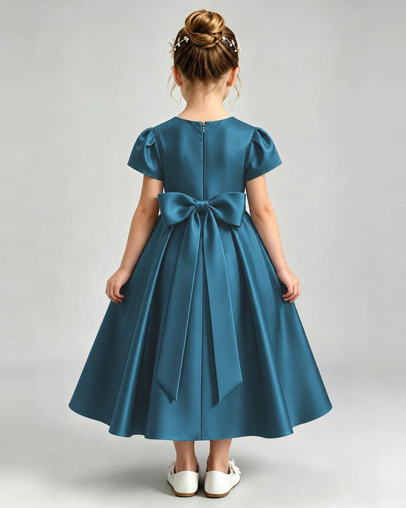 Teal Satin A-line Flower Girl Dress Back View