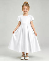 White Satin A-line Flower Girl Dress Front View