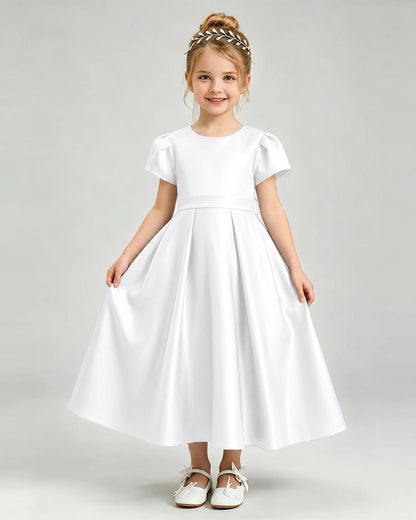 White Flower Girl Dress Puff Sleeve Satin Bow A-Line Midi Gown Front View