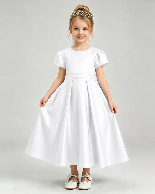 White Satin A-line Flower Girl Dress Front View