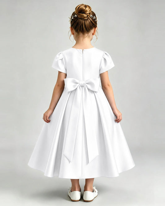 White Satin A-line Flower Girl Dress Back View