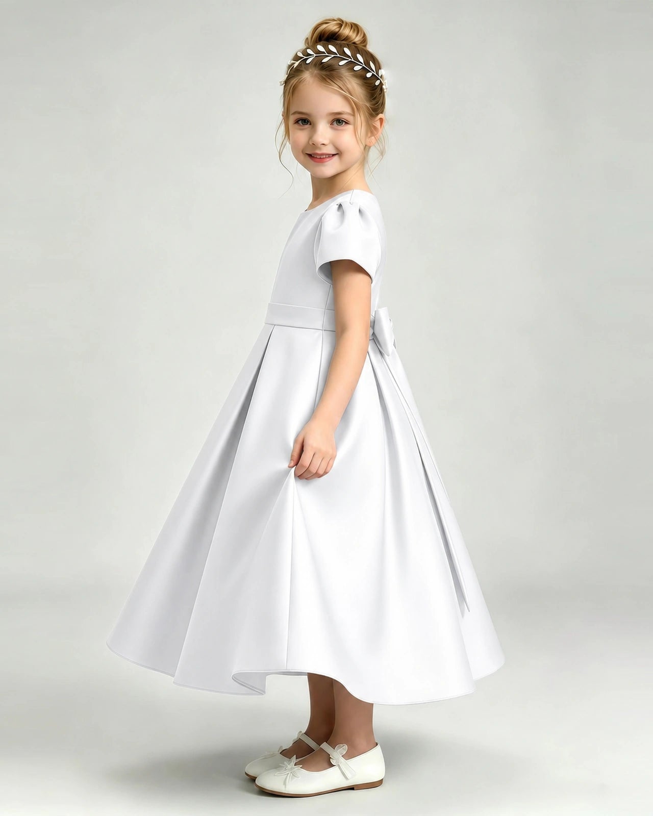 White Flower Girl Dress Puff Sleeve Satin Bow A-Line Midi Gown Side View