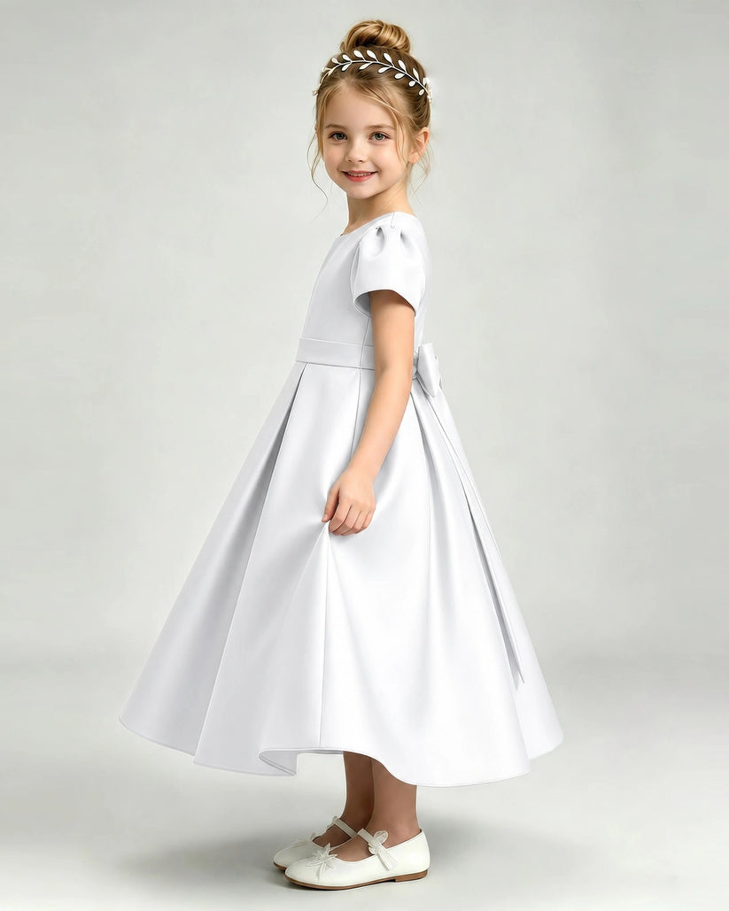 White Satin A-line Flower Girl Dress Side View