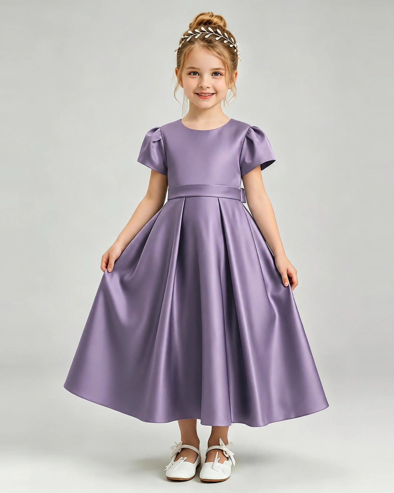 Wisteria Flower Girl Dress Puff Sleeve Satin Bow A-Line Midi Gown Front View