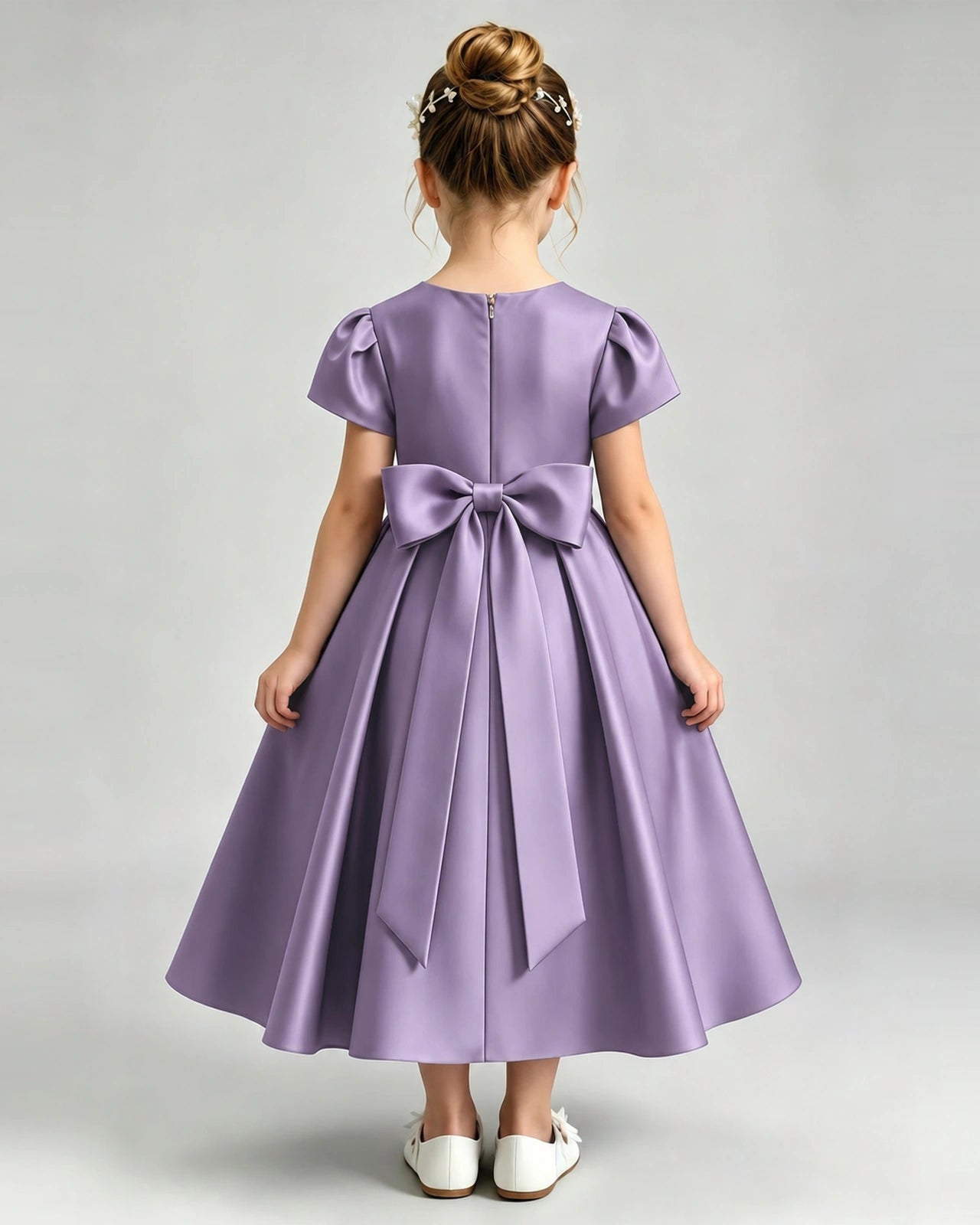 Wisteria Flower Girl Dress Puff Sleeve Satin Bow A-Line Midi Gown Back View