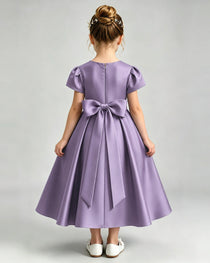 Wisteria Flower Girl Dress Puff Sleeve Satin Bow A-Line Midi Gown Back View