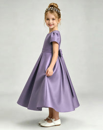 Wisteria Flower Girl Dress Puff Sleeve Satin Bow A-Line Midi Gown Side View