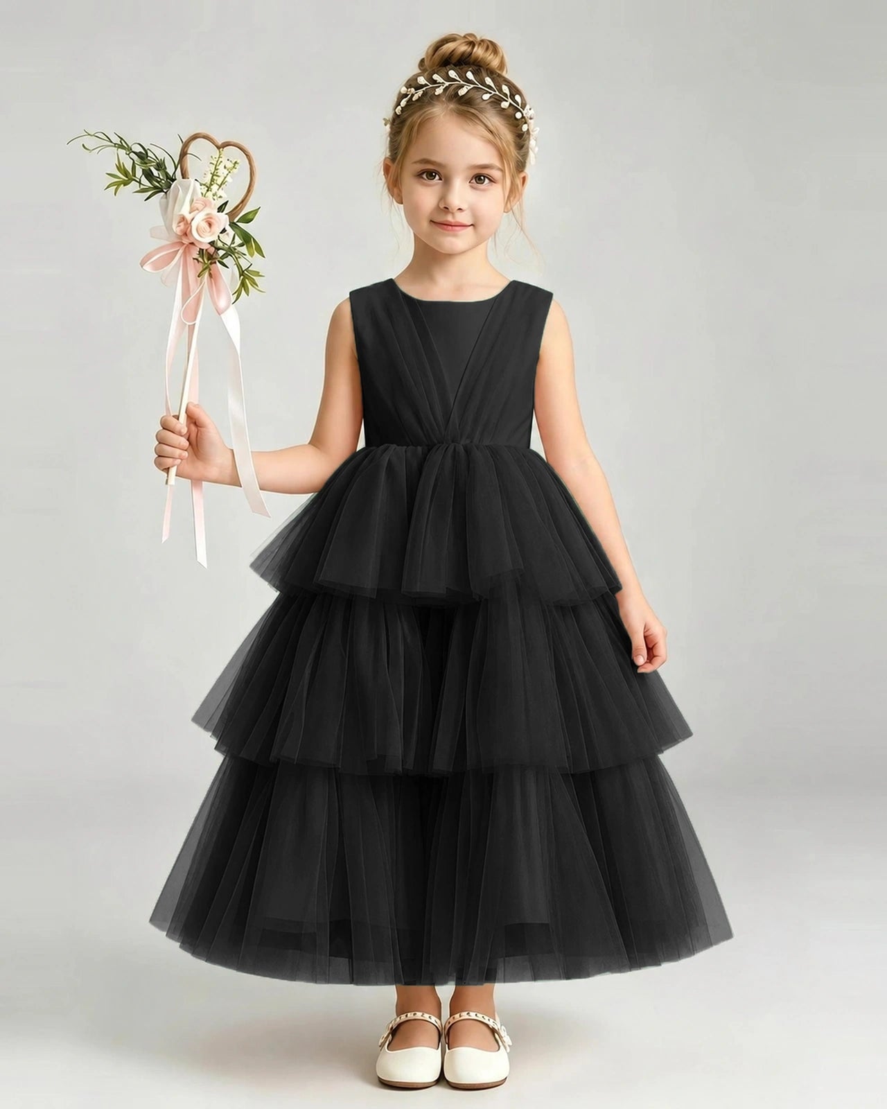 Dideyttawl White Flower Girl Dress | Sleeveless Satin Tiered Tulle Ball Gown