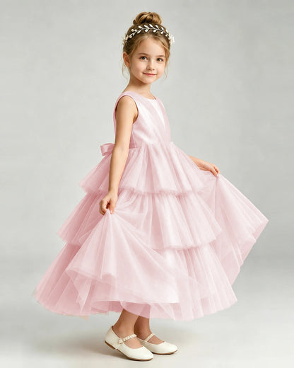 Dideyttawl White Flower Girl Dress | Sleeveless Satin Tiered Tulle Ball Gown
