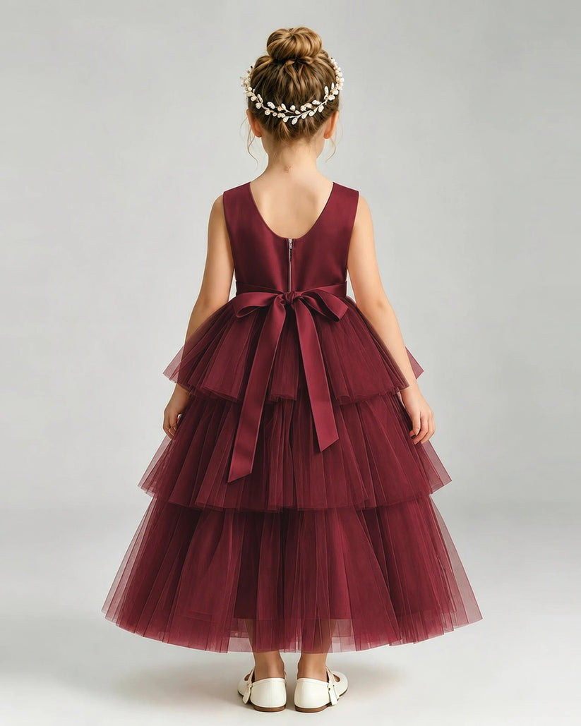 Burgundy Tulle A-line Pageant Dress Back View