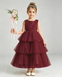 Dideyttawl Pink Pageant Dress Sleeveless Satin Tiered Tulle Ball Gown